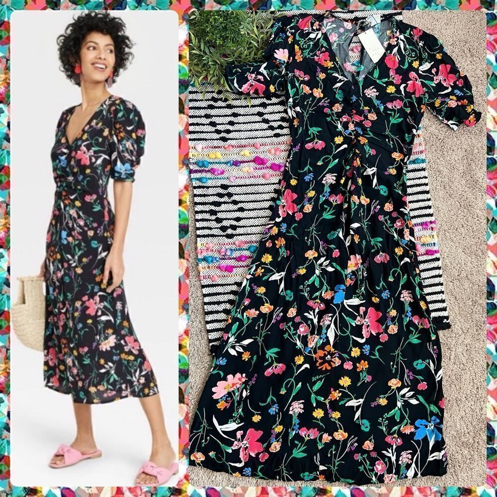 A New Day NWT Black Colorful Floral Puff‎ Short Sleeve Ruched A Line Dress Sz XS